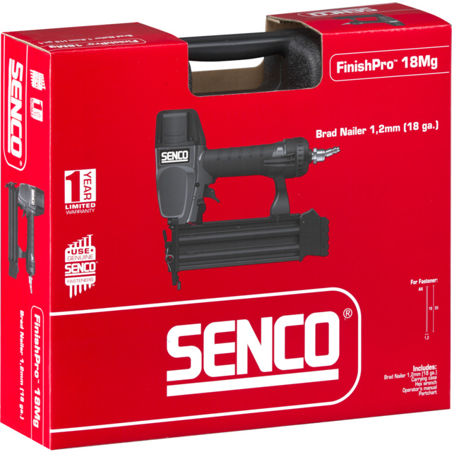 Röd förpackning med vit text för en Senco FinishPro 18Mg spikpistol, 1 års garanti.